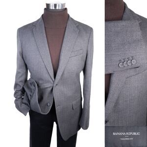 Banana Republic 44R Gray Herringbone Wool Sport Coat Blazer Elbow Patches